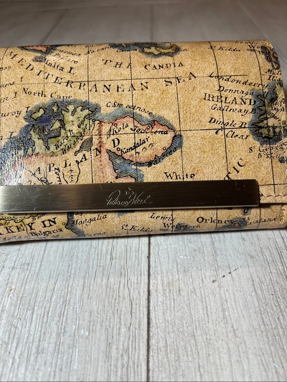 Patricia Nash Map-Print Leather Wallet in Tan and Blue